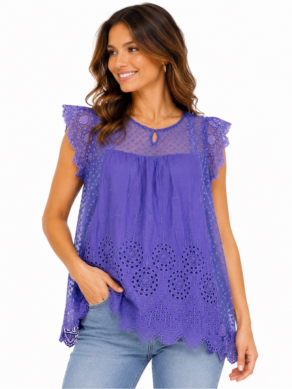 Johnny Was 4 Love & Liberty Size Large Eyelet Flutter Sleeve Boho Top in Purple